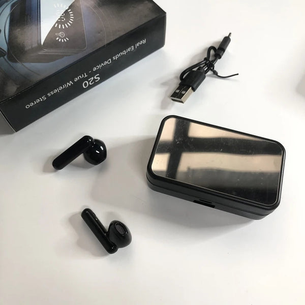 S20 Wireless Bluetooth Earbuds displayed with charging case and USB cable for premium sound quality.