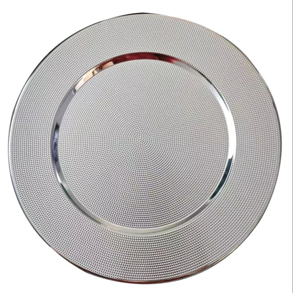 Stylish PP Charger Plate with a textured silver finish, ideal for enhancing table settings and presentations.