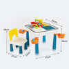 Table Two Chair Set for Toddlers & Kids with colorful building blocks and dimensions shown.
