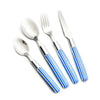 24 Piece Stainless Steel Blue Handle Cutlery set including spoon, fork, and knife with blue striped handles.