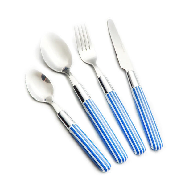 24 Piece Stainless Steel Blue Handle Cutlery set including spoon, fork, and knife with blue striped handles.