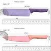 Non-Stick Stainless Steel 6 Piece Knife Collection showing purple and pink knives with dimensions and thickness.