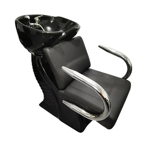 Reclining Salon Shampoo Chair with Ceramic Basin showcasing sleek design and comfortable seating for hair treatments.