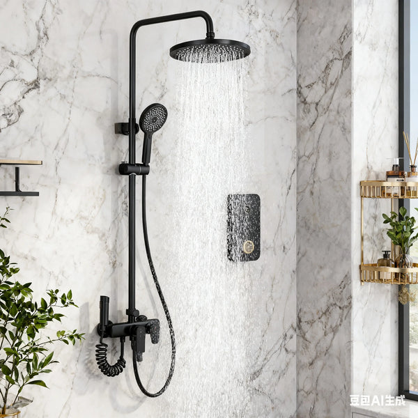 Modern Shower System Set with Handheld Spray with sleek black shower system and waterfall feature.
