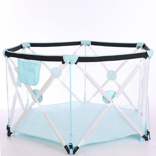 Hexagon Shape Infant Portable Playpen in light blue color, providing a safe space for infants to play.