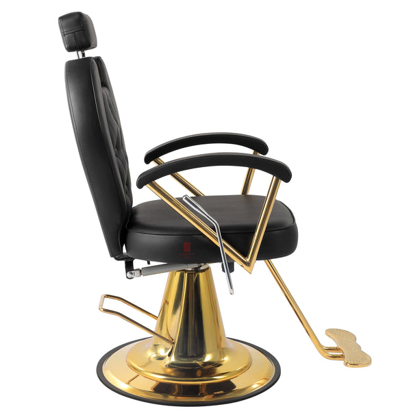 Heavy Duty Barber Chair featuring a sleek black design and gold base, ideal for professional salons.