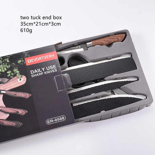 6 Piece Kitchen Cooking Knives Set displayed in a two tuck end box, ideal for daily use and meal preparation.