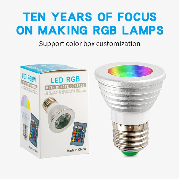 Smart RGB LED Color-Changing Bulb with Remote shown with packaging and colorful lighting options.