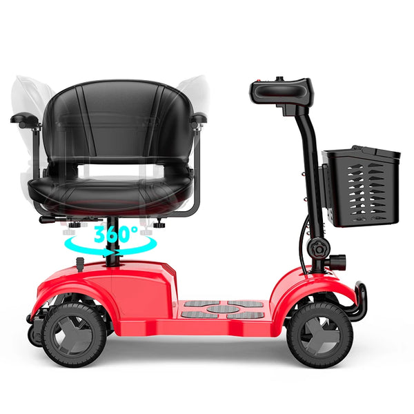 New Model Four Wheel Elderly Mobility Scooter in red with a 360-degree swivel seat for enhanced comfort and mobility.