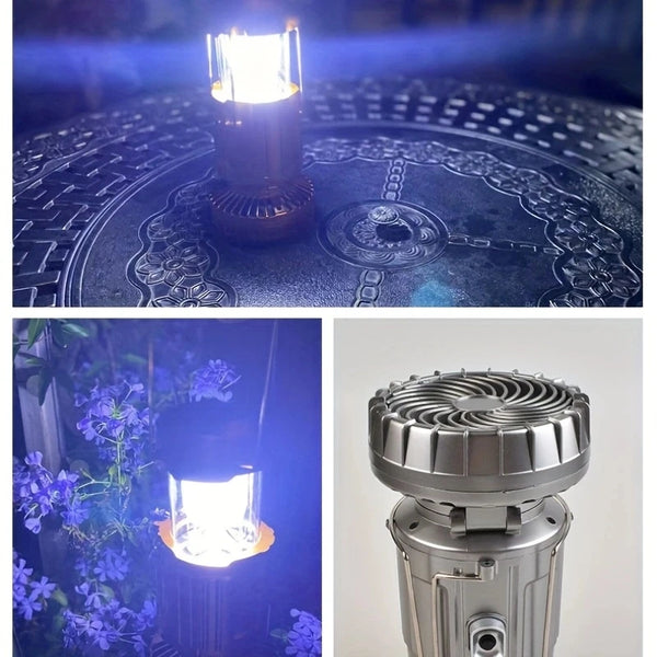 Solar LED Camping Lamp with Fan illuminating a table, showcasing its top light and cooling fan features.