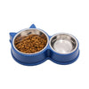 Stainless Steel Dog Food Bowl – Double Bowl Pet Feeder in blue with kibble and water compartments.