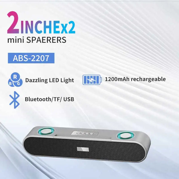 ABS-2207 Bluetooth Soundbar Speaker showcasing vibrant design with LED lights and Bluetooth connectivity.