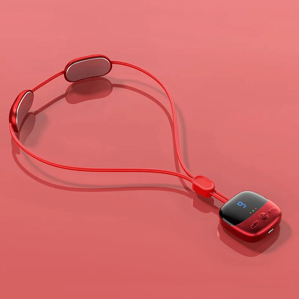 Smart Electric Pendant Neck Massager with Hot Compress on a red background, designed for neck tension relief.
