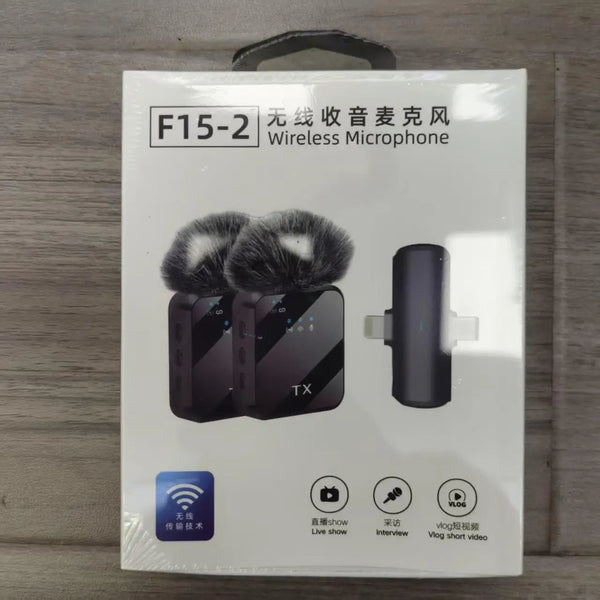 F15-2 Wireless Lavalier Microphone package featuring dual clip-on mics and receiver for clear audio recording.