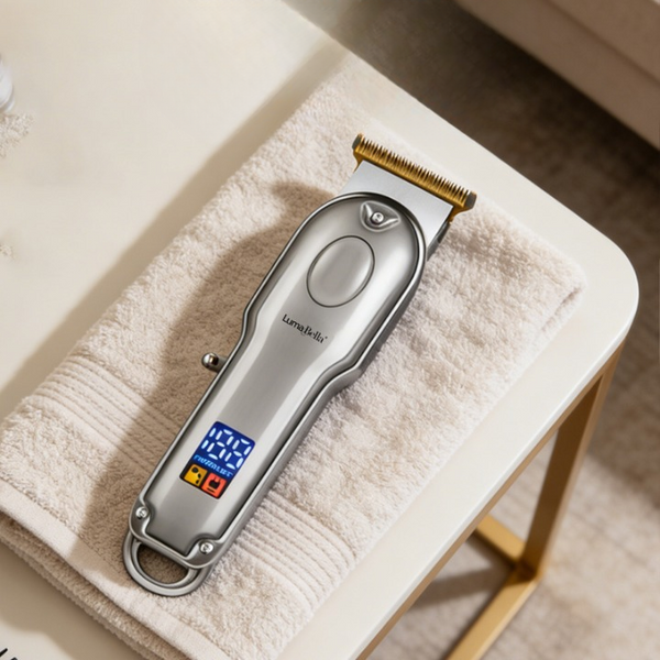 Professional Electric Hair Clipper resting on a towel, showcasing its sleek design and digital display.
