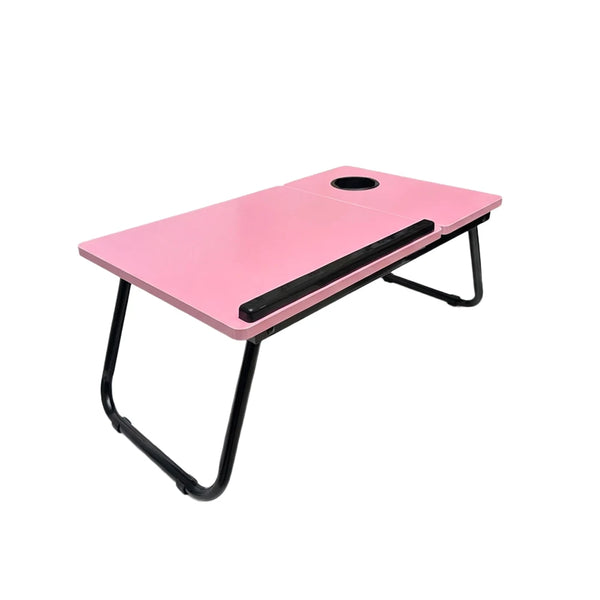 Ergonomic Folding Computer Desk in pink with a cup holder and adjustable height for comfortable work or study.