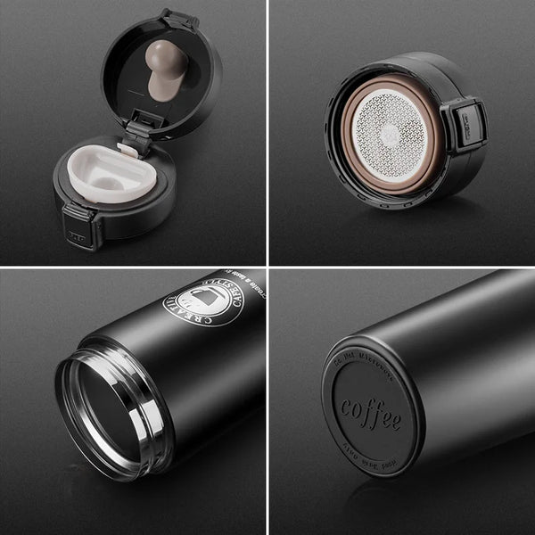 Close-up details of the 500ml Vacuum Insulated Thermos Bottle lid and body, showcasing functionality and design.