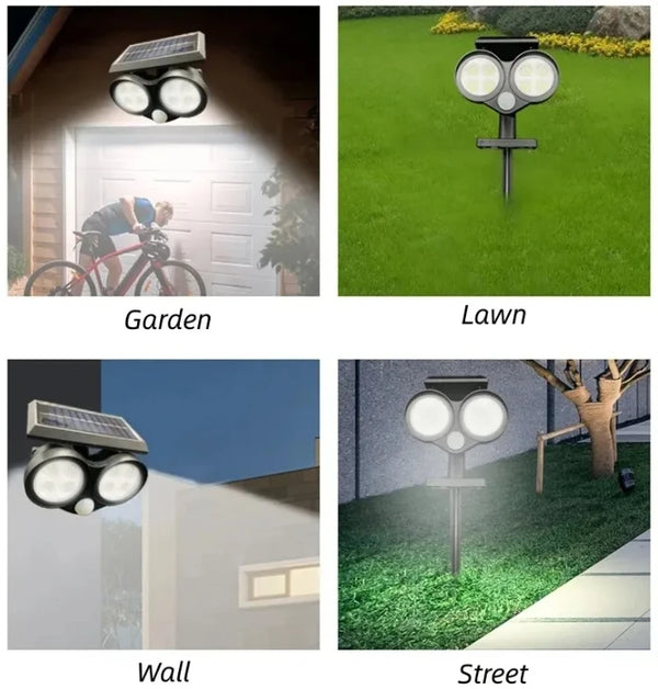 Outdoor Solar LED Garden Lamp showcased in garden, lawn, wall, and street settings, highlighting versatility and bright illumination.