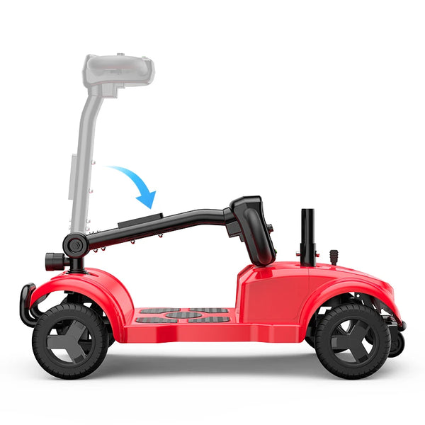 New Model Four Wheel Elderly Mobility Scooter side view showing adjustable handle and four-wheel design for stability.