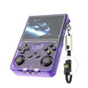 R36xx Handheld Game Console in purple with 3.5-inch screen and charging cable.