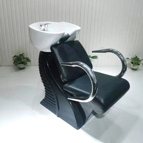 Reclining Salon Shampoo Chair with Ceramic Basin for professional hair treatments and ultimate client comfort.