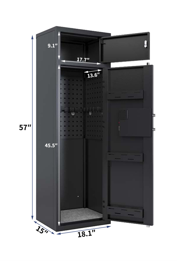 Inside view of an Electronic Combination Lock Safe Box showing dimensions and features for secure storage.