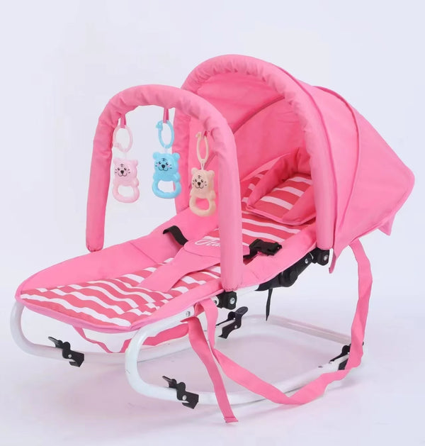 Ergonomic Baby Bouncer Rocker Chair in pink with playful toys for gentle rocking and soothing comfort.