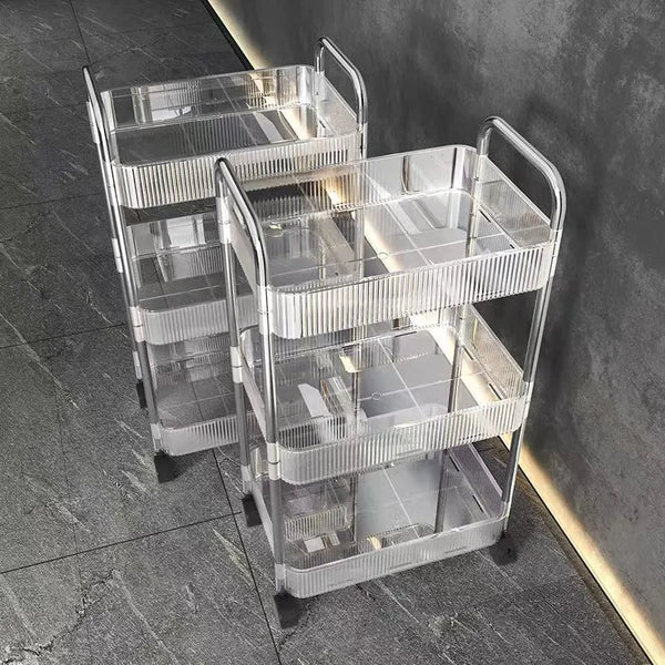 3-Tier Multipurpose Stainless Steel Rolling Organizer Cart on wheels with clear storage bins for versatile organization.