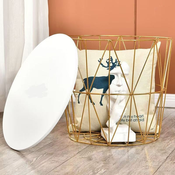 Modern MDF Veneer Dining Table: Stylish modern decor featuring a gold wire basket, white lid, and decorative cushion with a stag design.