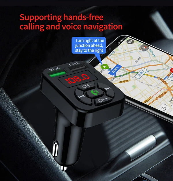 A9 Auto MP3 Player FM Transmitter with hands-free calling and voice navigation support.