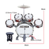 Junior 5-Piece Jazz Drum Kit showcasing a complete percussion set with detailed dimensions and design.