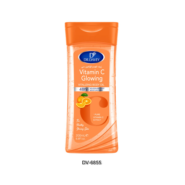 Vitamin C Body Oil Gel packaging featuring a vibrant orange design for glowing, radiant skin.