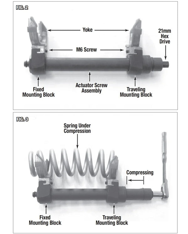 Universal McPherson Coil Spring Compressor Tool Set parts labeled, showing yoke, screws, and spring compression stages.