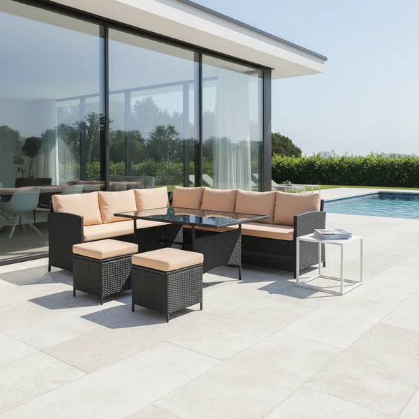 Modern Iron PE Rattan Outdoor Furniture Set in a stylish outdoor patio by the poolside.