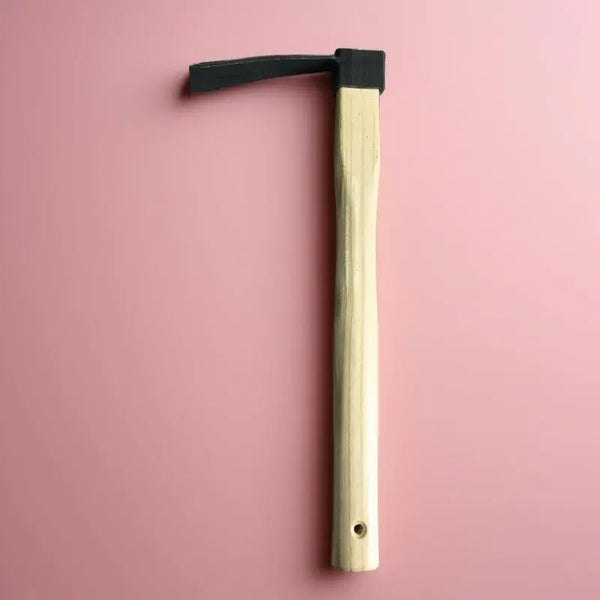 Carbon Steel Wooden Handle Garden Hoe on a pink background, ideal for effective soil cultivation and weed clearing.