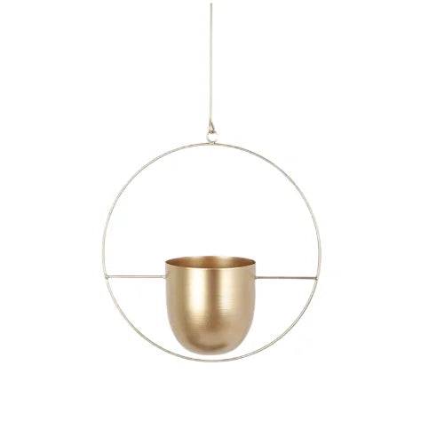 Modern Metal Hanging Pendant Light Fixture in a sleek circular design with a brushed gold finish.