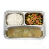 304 Stainless Steel 3 Compartment Lunch Box with rice, vegetables, and soup organized in compartments.
