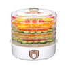 Commercial 5 Tray Food Dehydrator showcasing colorful dried fruits and vegetables stacked in clear trays.