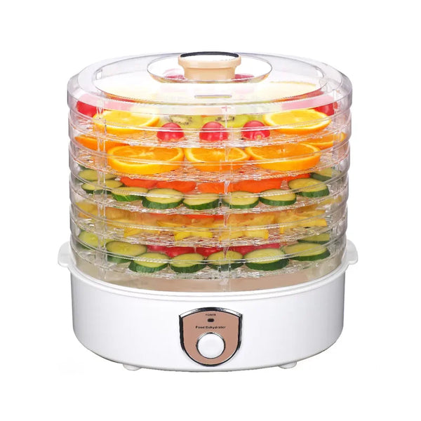 Commercial 5 Tray Food Dehydrator showcasing colorful dried fruits and vegetables stacked in clear trays.