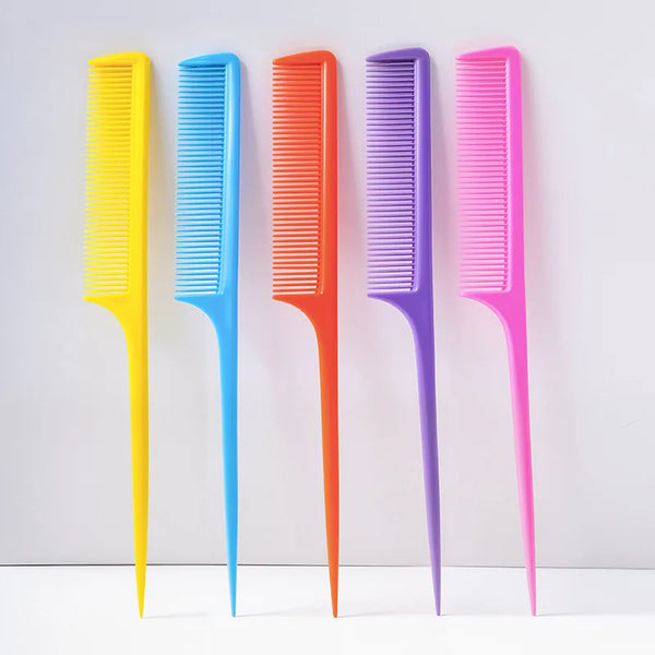 Set of colorful Professional Pointed Tail Hair Combs in yellow, blue, orange, purple, and pink for precise styling.