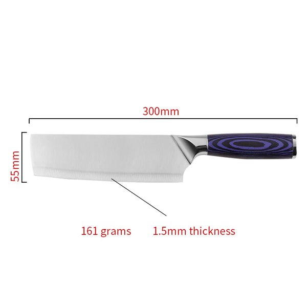 Multi-Purpose Japanese Kitchen Chef Knife with dimensions: 300mm length, 55mm height, 1.5mm thickness.