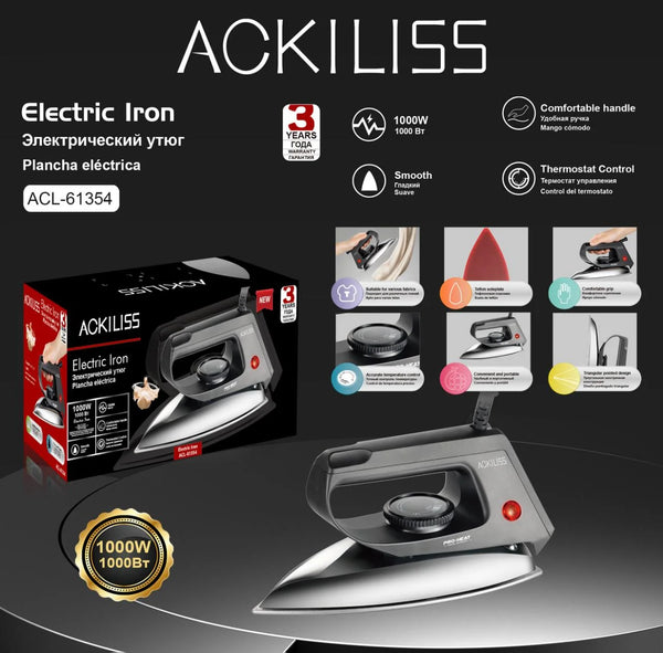 1000W Electric Dry Iron featuring a comfortable handle, thermostat control, and smooth ironing performance.