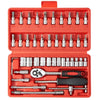 High-Quality 46-Piece Solid Metal Socket & Ratchet Tool Set organized in a red case with various sockets and bits.