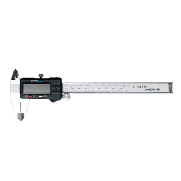 150mm High Precision Digital Vernier Caliper showing stainless hardened construction and clear digital display.