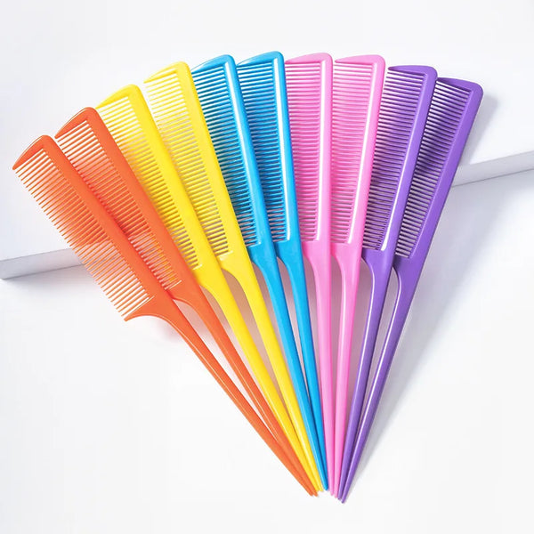 Colorful Professional Pointed Tail Hair Combs arranged in a line for precise styling and grooming.