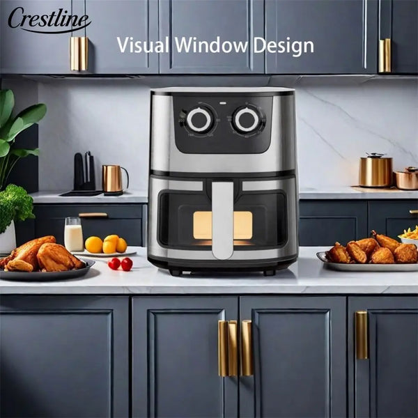 4.5L Stainless Steel Square Oil-Free Air Fryer with visual window design on kitchen countertop
