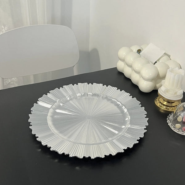 13-Inch Irregular Gold Rim Dinner Plate elegantly displayed on a modern table, showcasing its artistic design.