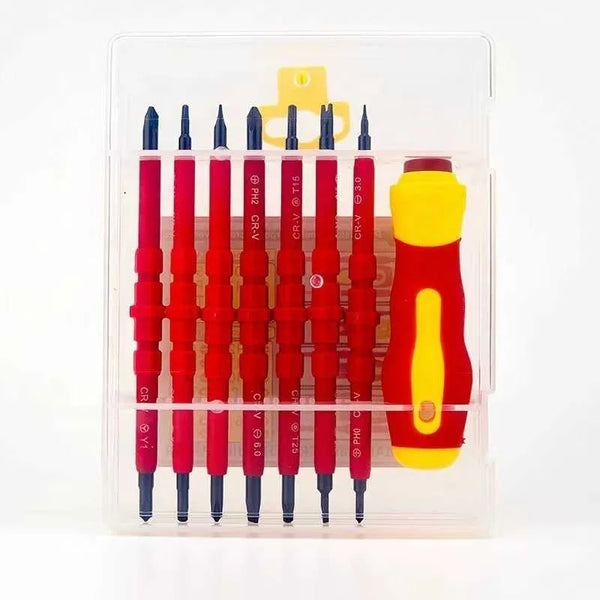 32-in-1 Insulated Precision Screwdriver Kit showing a set of red screwdrivers and a yellow handle in a clear case.