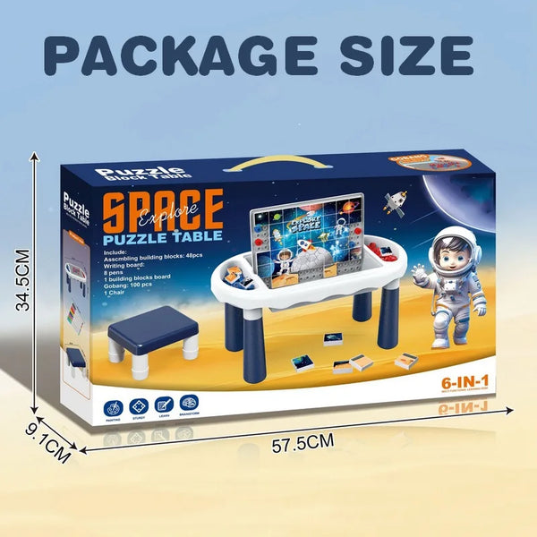 2-in-1 Kids Activity Table with Building Blocks and Drawing Board package design featuring dimensions and features.