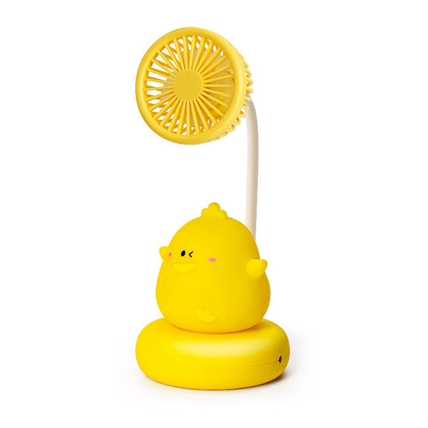 Mini USB Cooling Fan with Night Light in yellow chick design illuminating workspace and providing airflow